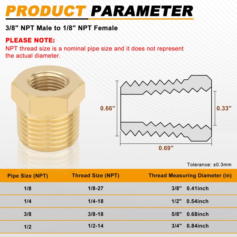 KOOTANS 4pcs Heavy Duty 3/8 NPT Male Thread to 1/8 NPT Female Thread Brass Reducer Hex Bushing Brass Fitting Pipe Hose Tube Adapter Convert - Image 2